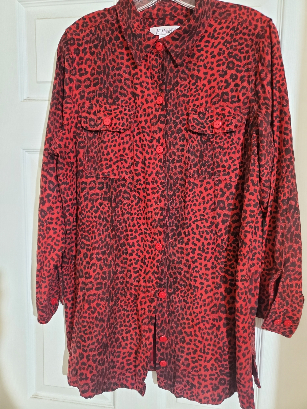 Roaman's Red and Black Leopard Print Button Down Shirt